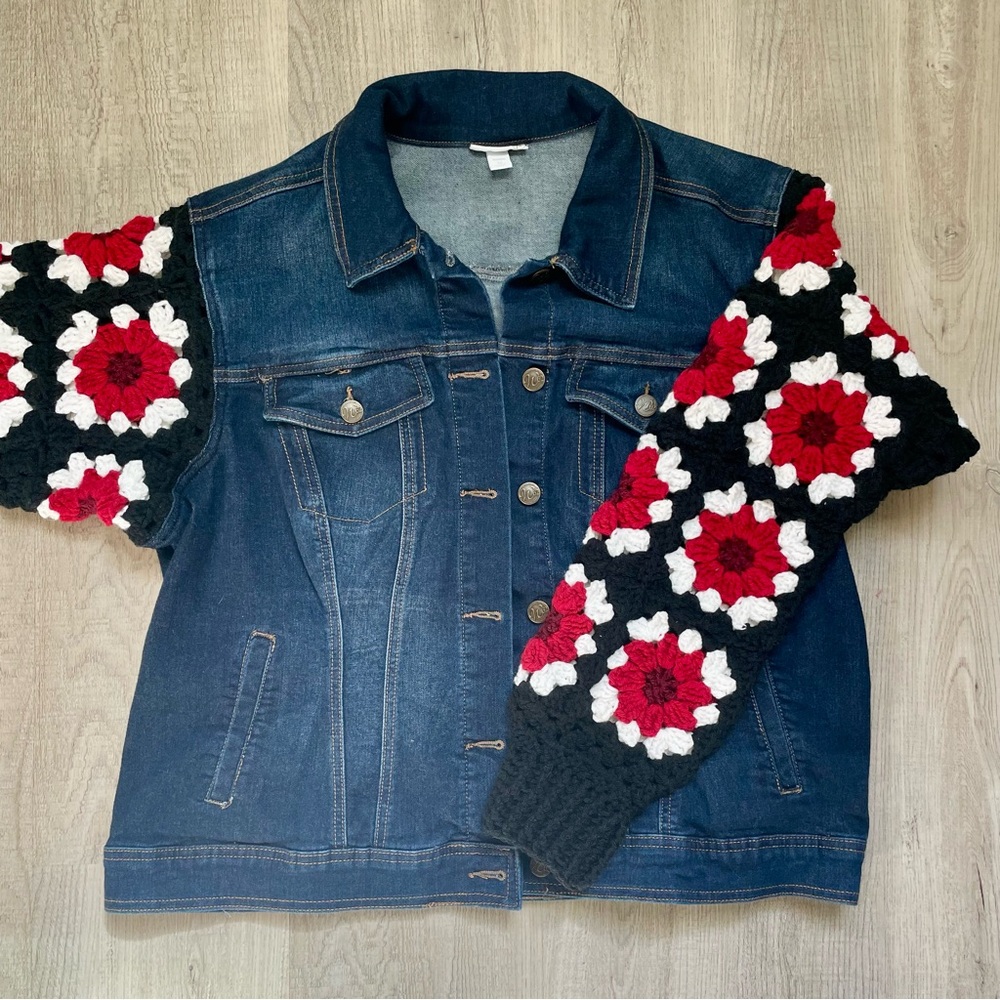 Westport Denim Jacket with Colorful Crochet Sleeves